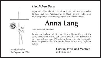 Traueranzeige von Anna Lang von Pegnitz-Zeitung